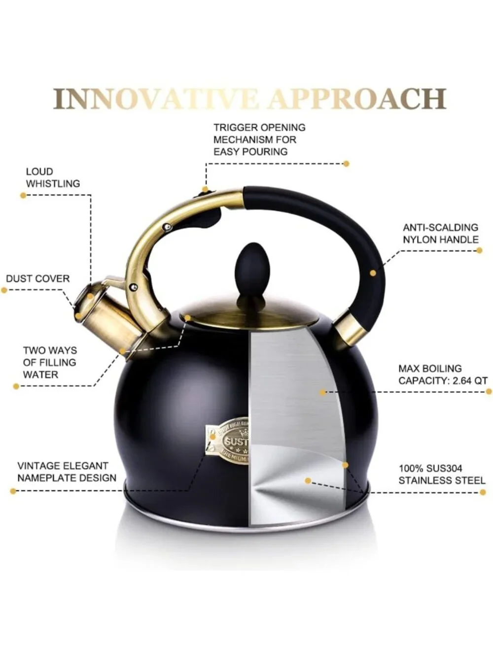 Whistling Tea Kettle 2.7QT Stainless Steel Teapot with Ergonomic Handle & Mitt